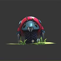 Cute Ladybug Shaped Motorcycle With Pink Shell Blue Parts On Green Grass And Small Daisies