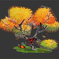 Cartoon Scene With Vibrant Tree Yellow Orange Leaves Green Grass And Red Details