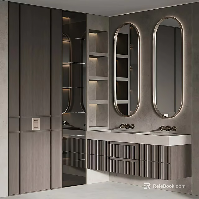 Elegant Modern Bathroom Interior With Double Vanity Mirrors And Cabinet Lighting 3d model 