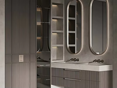 Elegant Modern Bathroom Interior With Double Vanity Mirrors And Cabinet Lighting 3d model