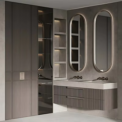 Elegant Modern Bathroom Interior With Double Vanity Mirrors And Cabinet Lighting 3d model