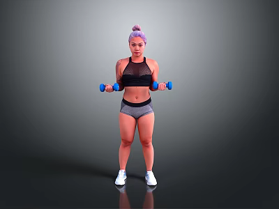 Woman Lifting Dumbbells In Black Sports Bra Gray Shorts And White Sneakers 3d model