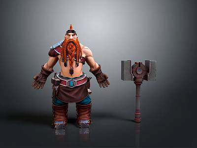 3D Model Of Shirtless Muscular Bearded Man With Orange Hair Feather Headdress And Large Hammer 3d model