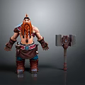 3D Model Of Shirtless Muscular Bearded Man With Orange Hair Feather Headdress And Large Hammer