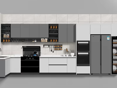 Modern Kitchen Interior With Gray White Cabinets Black Stove Oven And Refrigerator Appliances 3d model