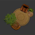 Indoor Relaxation Space With Brown Armchairs Round Woven Rug Bamboo Plant And Side Table
