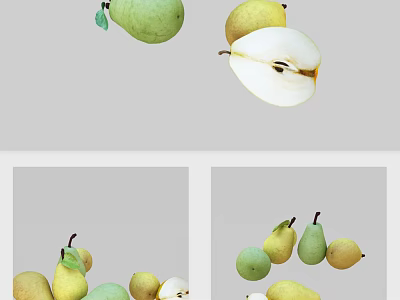 Whole and Sliced Fresh Pears with Green Leaves in Various Positions 3d model