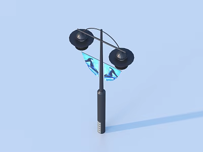 Outdoor Light With Two Black Lamp Heads And Blue Banners Featuring Silhouette Figures 3d model