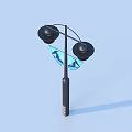 Outdoor Light With Two Black Lamp Heads And Blue Banners Featuring Silhouette Figures