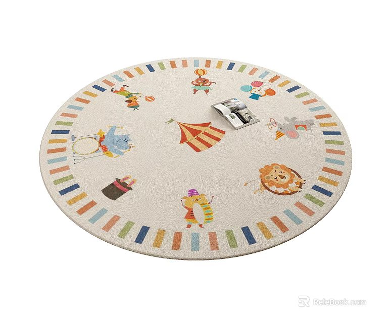 Round Carpet With Circus Clown Elephant Lion And Colorful Stripes Border For Kids Room 3d model 