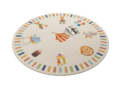 Round Carpet With Circus Clown Elephant Lion And Colorful Stripes Border For Kids Room 3d model