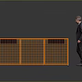 Elderly man in suit standing beside orange grid cabinet with black countertop areas
