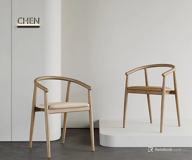 Minimalist Wooden Dining Chairs With Curved Backrest And Light Upholstered Seat 3d model 