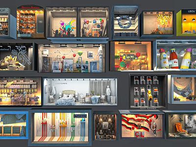 Assorted Creative Window Displays With Diverse Merchandise And Stylish Lighting Designs 3d model