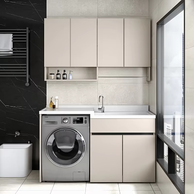 Modern Bathroom Set with Washing Machine Sink Cabinet Wall Tiles and Towel Rack 3d model