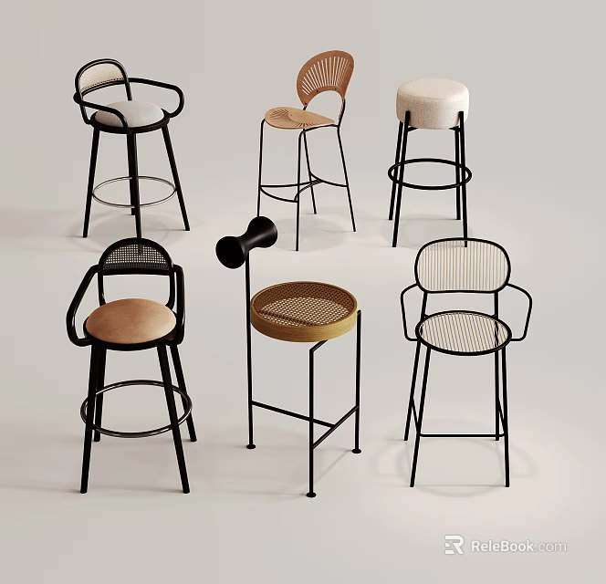 Modern Bar Stools In Different Styles With Metal Frames Woven Backs And Upholstered Seats 3d model 