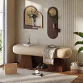 Upholstered Shoe Bench With Wooden Legs And Wall Shelves Vases Plants In Entryway