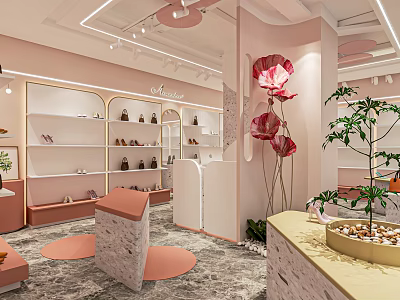 Stylish Pink Shoes Boutique Interior With Display Shelves Pink Flowers And Plants 3d model