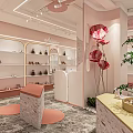 Stylish Pink Shoes Boutique Interior With Display Shelves Pink Flowers And Plants