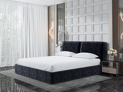 Modern Black Upholstered Double Bed With White Sheets Curtains And Bedside Table 3d model