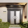 Modern Black Double Entrance Door With Metal Decor Frame House Number 902 And Greenery