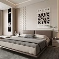 Modern Bedroom Interior With Double Bed Abstract Wall Art Geometric Accent Wall And Area Rug