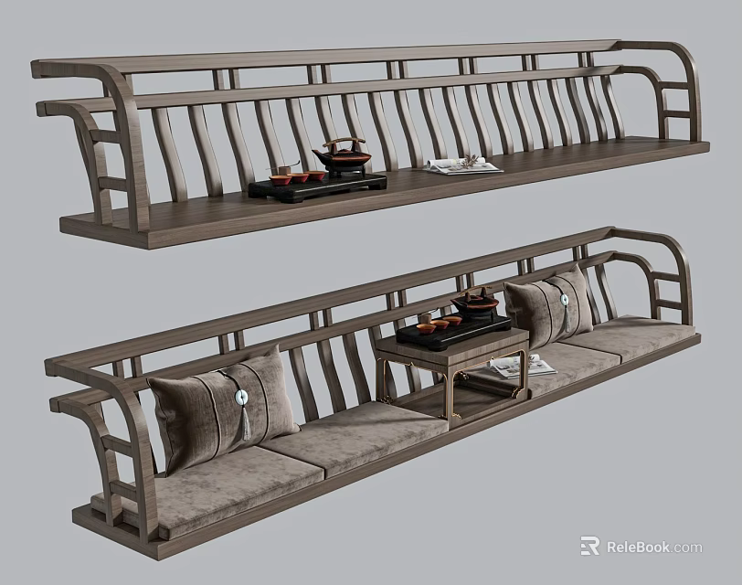 Traditional Wooden Public Chair With Railed Backrest And Cushioned Seats 3d model 