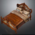 Classical Wooden Bed With Carved Headboard Red Beige Mattress And Decorative Pillows