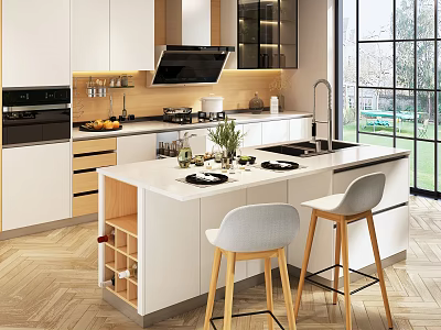 Modern Kitchen Interior With White Cabinets Island Counter And Light Wood Bar Stools 3d model