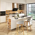 Modern Kitchen Interior With White Cabinets Island Counter And Light Wood Bar Stools