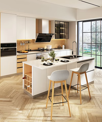 Modern Kitchen Interior With White Cabinets Island Counter And Light Wood Bar Stools 3d model