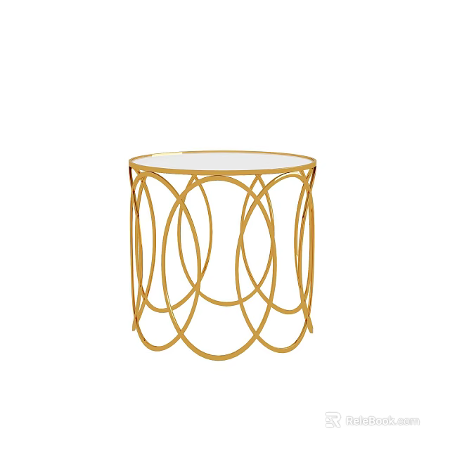 Modern Golden Circular Ring Metal Frame Side Table With White Tabletop 3d model 