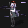Anime Woman With Purple Long Hair Orange Crown Headpiece Gray Dress On Black Background