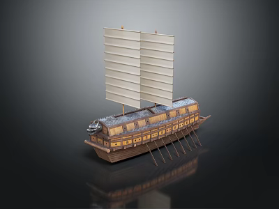 Classic Wooden Sailing Ship Model with Large White Sails and Decorative Hull as Water Transportation 3d model