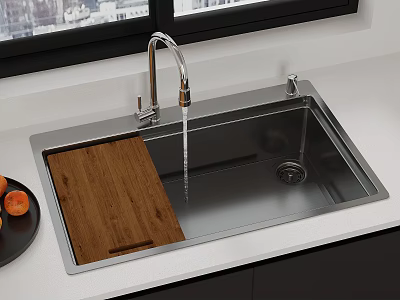 Stainless Steel Kitchen Sink With Wooden Cutting Board And Orange Fruits On Black Plate 3d model