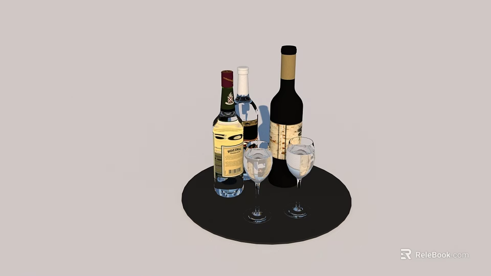 Elegant Display Of Three Wine Bottles And Two Wine Glasses On Black Tray 3d model 