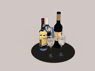 Elegant Display Of Three Wine Bottles And Two Wine Glasses On Black Tray 3d model