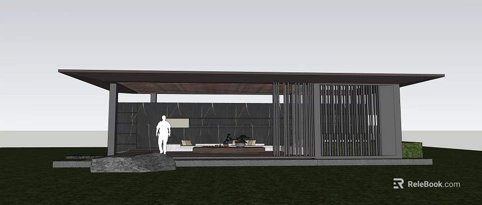Modern Pergola with Wooden Roof Vertical Slats Outdoor Seating Area on Green Lawn 3d model 