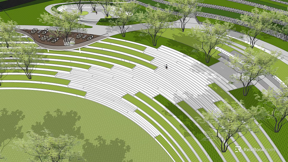 Modern Park Landscape With Curved Lawn Steps Trees Pathway And Green Space 3d model 