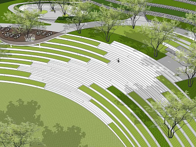 Modern Park Landscape With Curved Lawn Steps Trees Pathway And Green Space 3d model