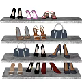 Various Style Shoes and Handbags Displayed on Multiple Marble Shelves