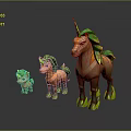 Three Unicorns With Green Manes Horns And Brown Bodies On Reflective Surface