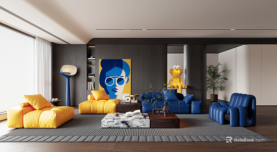 Vibrant Blue Yellow Living Room Interior With Sofa Marble Coffee Table Artwork Big Bird Plush 3d model 