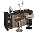 Modern Black Bar Counter With Brown Beige Stools Coffee Machine Plant Fruits And Vertical Stripes