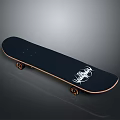 Sleek Black Skateboard With White Graphic Design And Copper Wheels 3d model