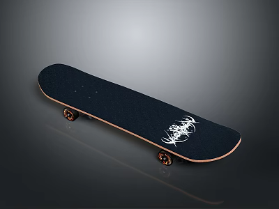 Sleek Black Skateboard With White Graphic Design And Copper Wheels 3d model