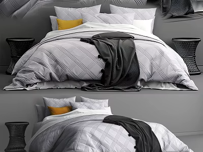 Modern Double Bed With Striped Bedspread Yellow Pillow Black Blanket And Side Tables 3d model