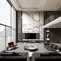Modern Duplex Living Room Interior With Dark Sofas Wall Art And Floor To Ceiling Windows