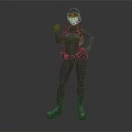 Confident Female Character In Black Tight Combat Suit With Helmet On Dark Background