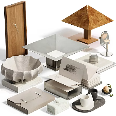 Modern Decorative Ornament Set With Wooden Metallic Glass Bowls Boxes Lamp Mirror And Cups 3d model